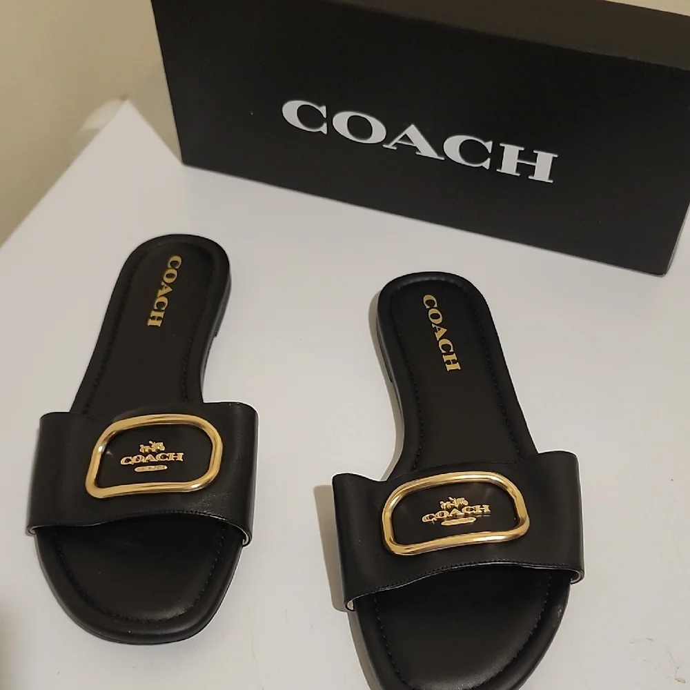 Coach Black Slides with Gold Accents - Picture 1 of 4
